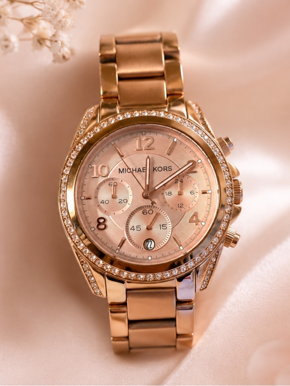 Michael Kors Blair MK5263 Rose Gold Chronograph Watch Crystal Bezel Rhinestone
